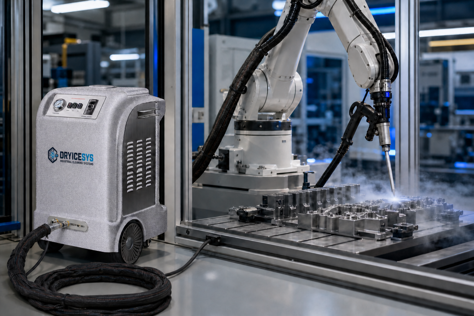 DRYICESYS dry ice cleaning machine integrated with an industrial robot cell