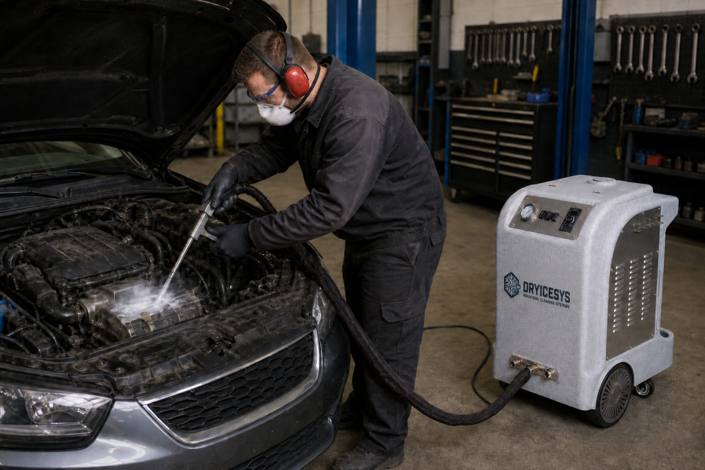 DRYICESYS machine cleaning an automotive engine