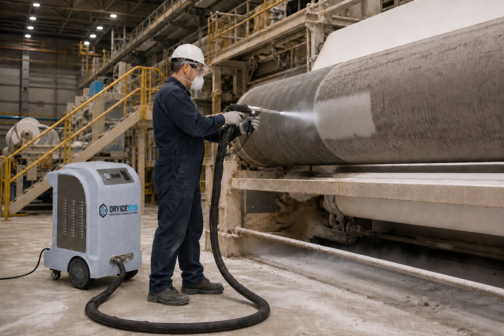 DRYICESYS machine cleaning a paper production roller