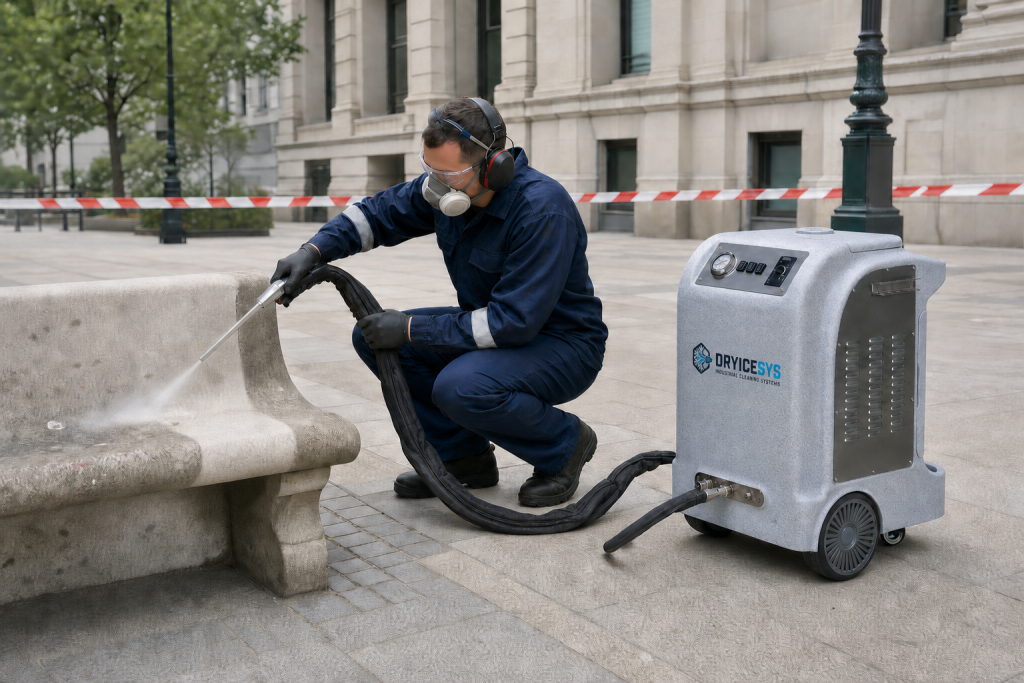 DRYICESYS machine cleaning a public stone bench