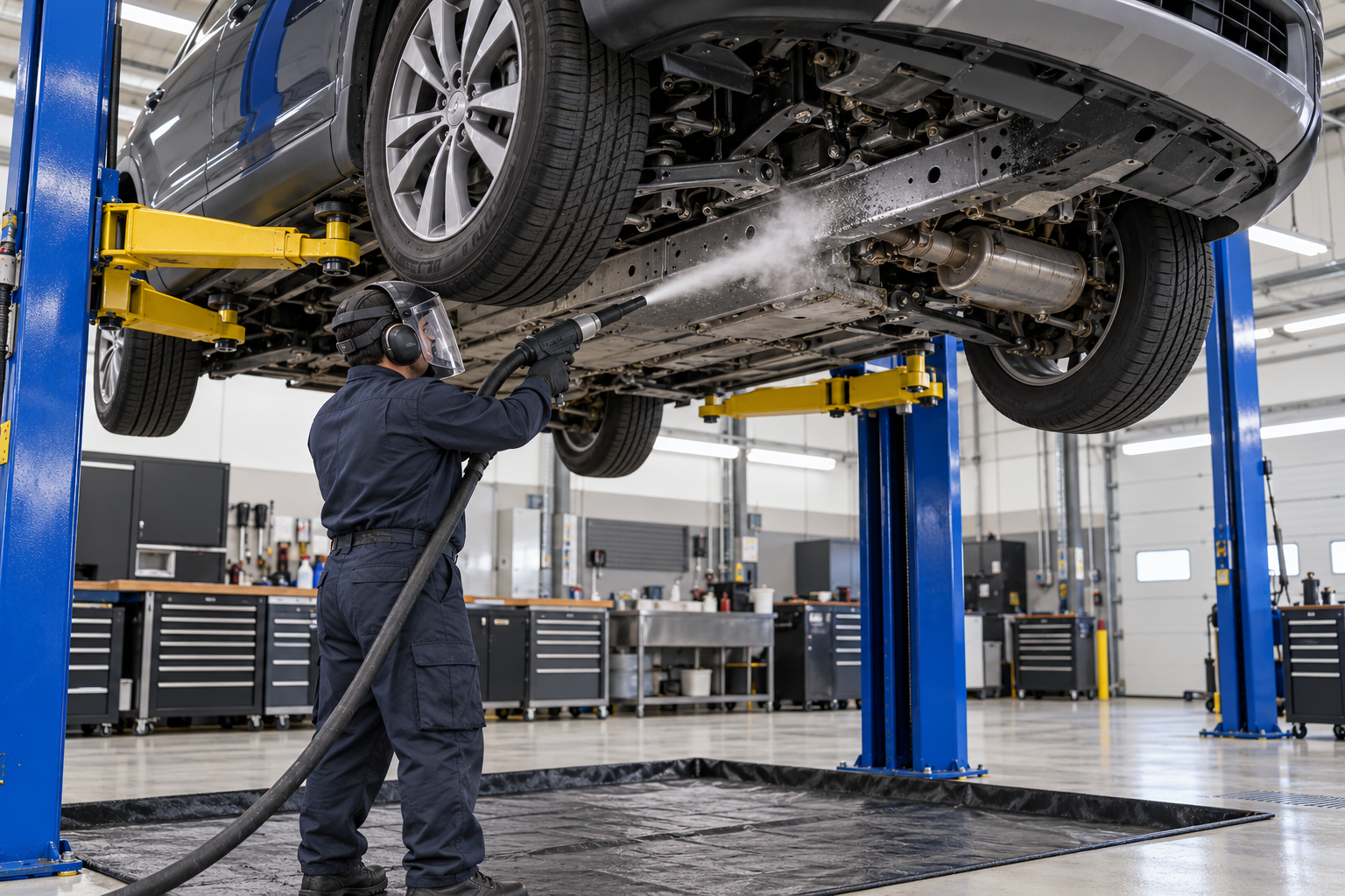 Technician dry ice blasting an approved coated steel frame rail beneath a car on a lift