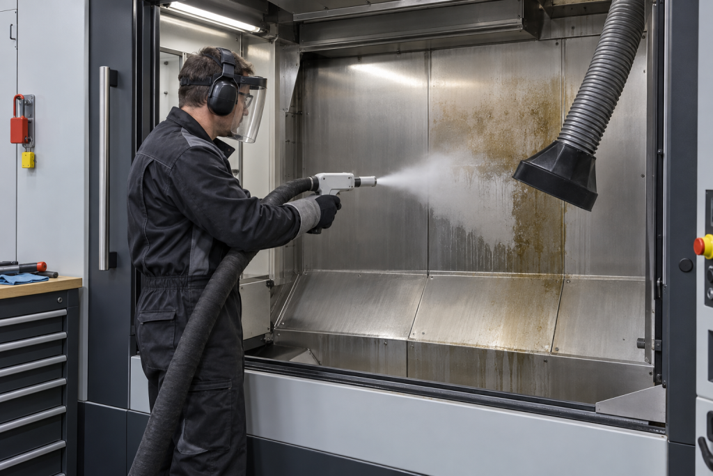 Technician dry ice blasting an approved stainless CNC enclosure wall during stopped maintenance