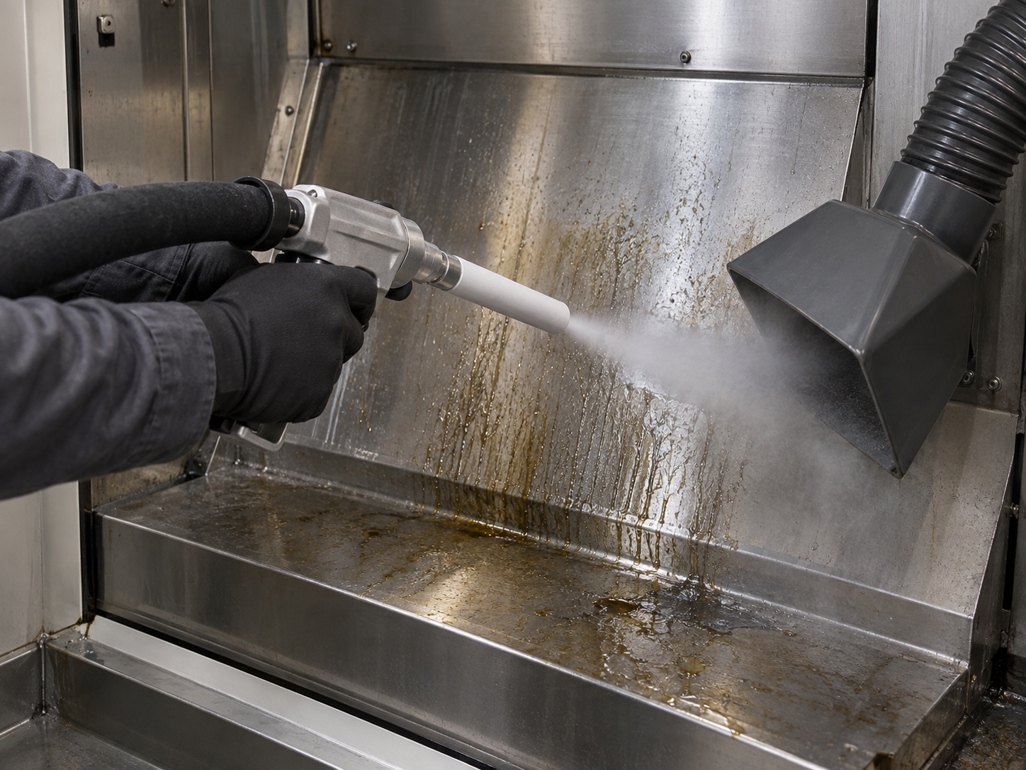 Dry ice blasting an approved stainless CNC enclosure panel with residue extraction beside the contact zone