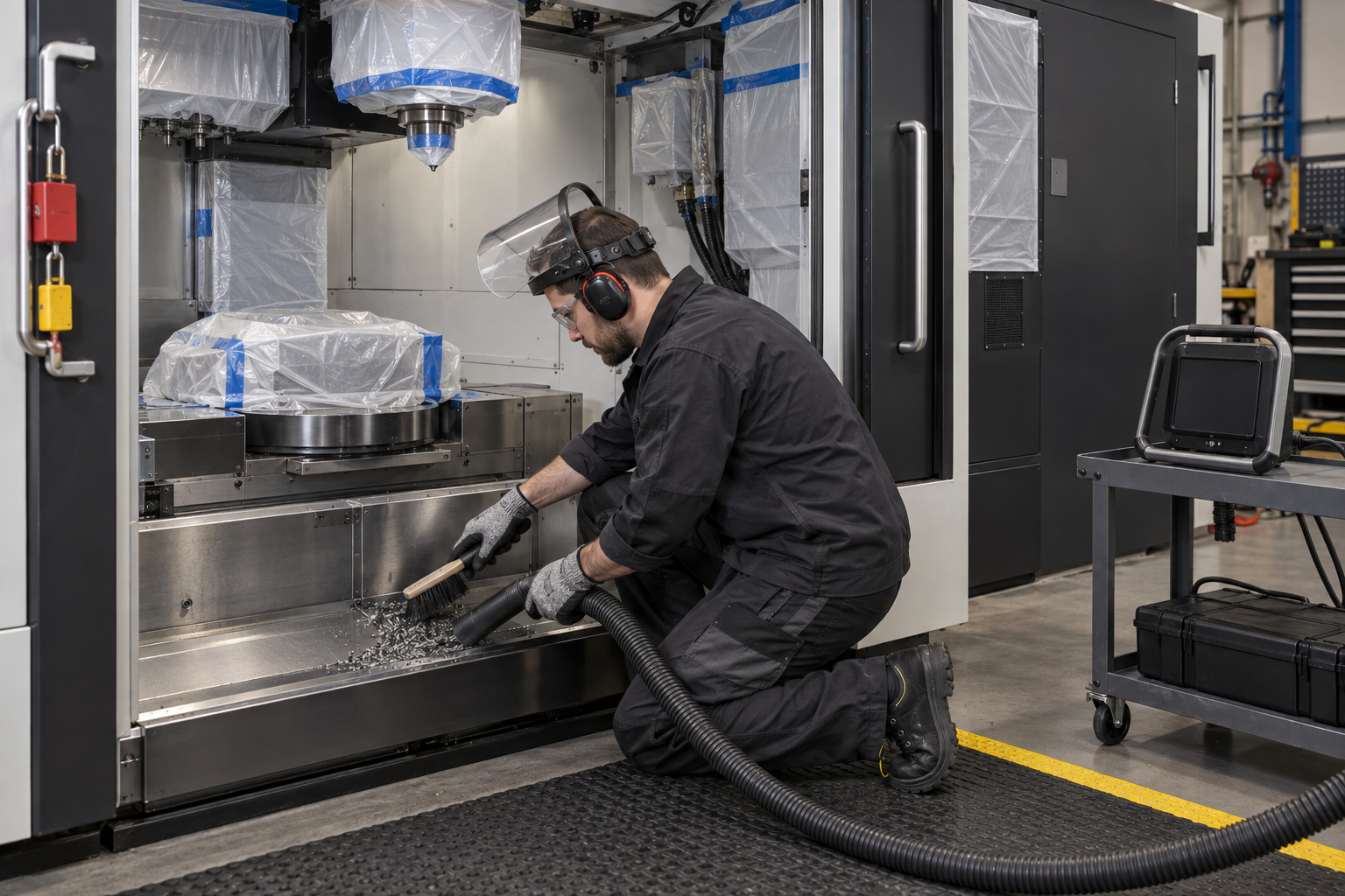 Technician brushing and vacuuming loose metal chips from a stopped CNC enclosure before dry ice cleaning
