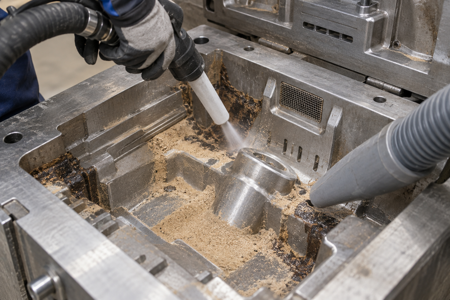 Close-up of dry ice blasting binder and sand residue from core box vents with local extraction