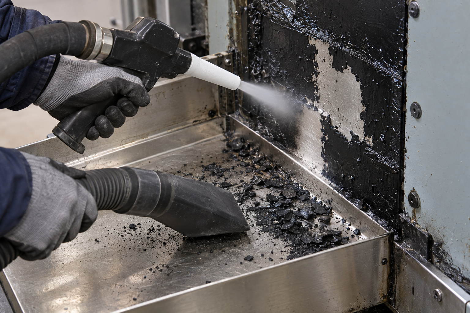 Close view of dry ice blasting removing dried ink from a metal printing press tray