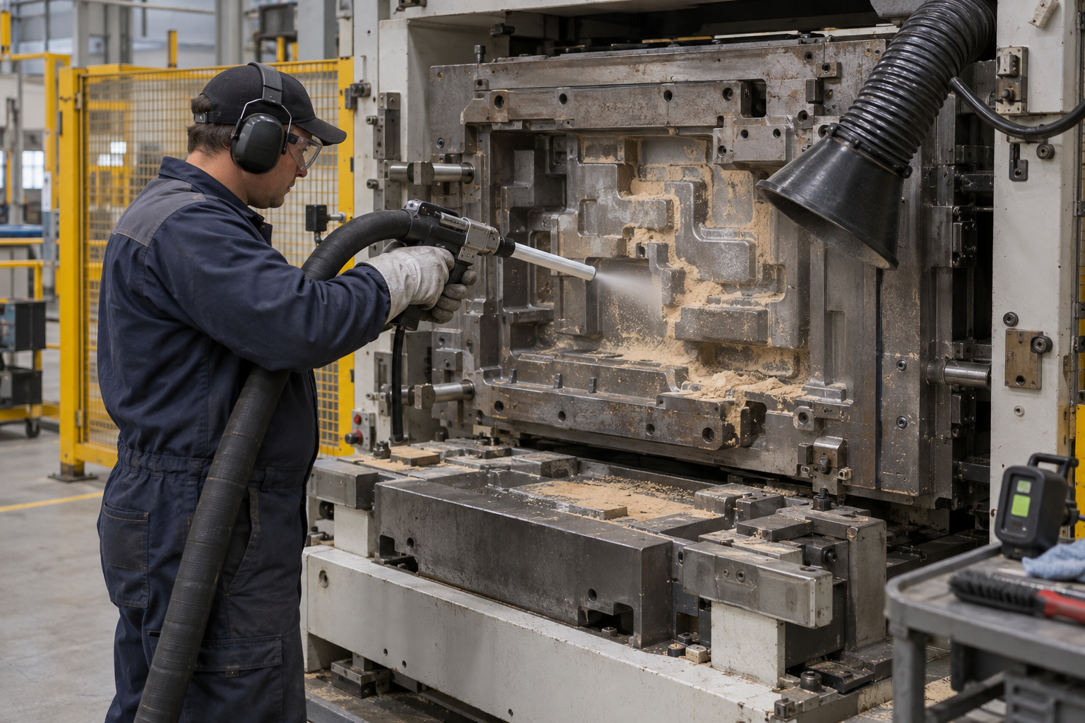 Technician dry ice blasting residue from an isolated foundry core box with local extraction