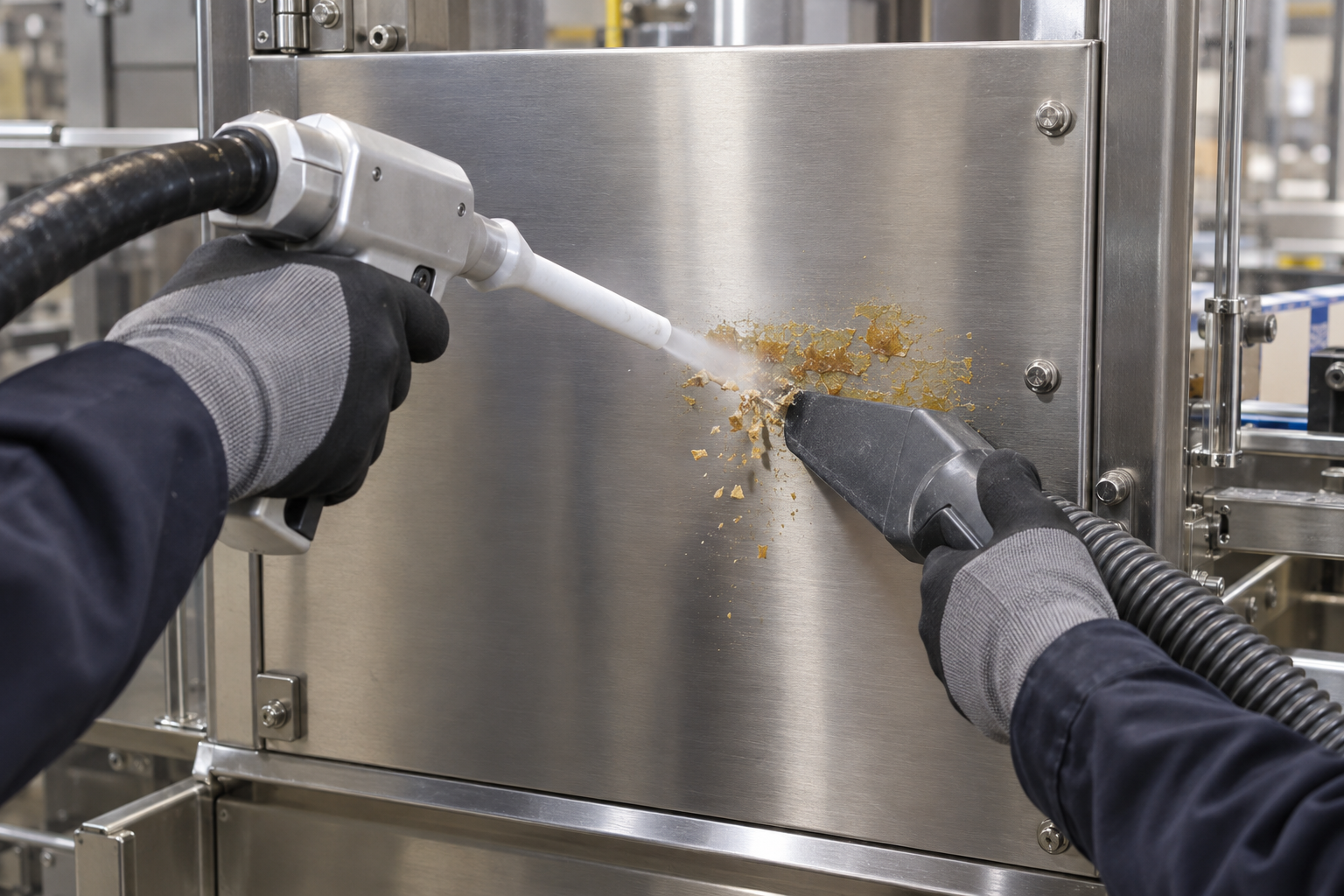 Close-up of dry ice blasting cured hot-melt adhesive from a stainless-steel guard plate