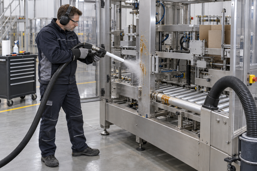 Technician dry ice blasting hot-melt adhesive from an isolated packaging line