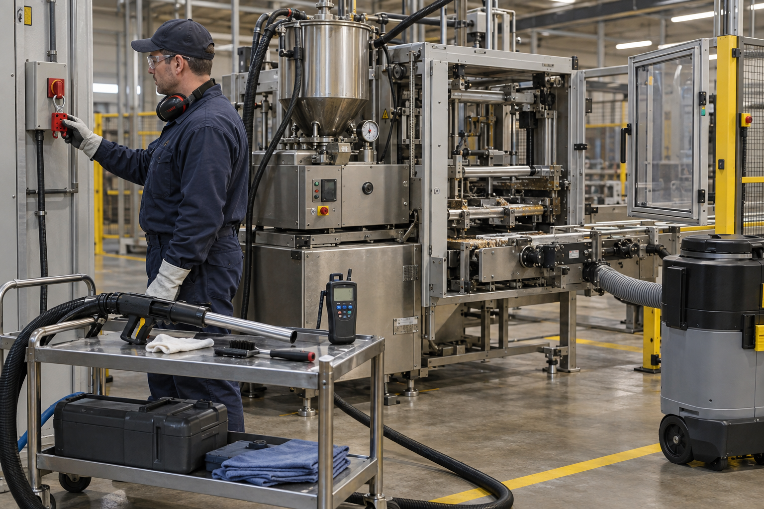Technician verifying isolation before dry ice blasting adhesive from packaging equipment
