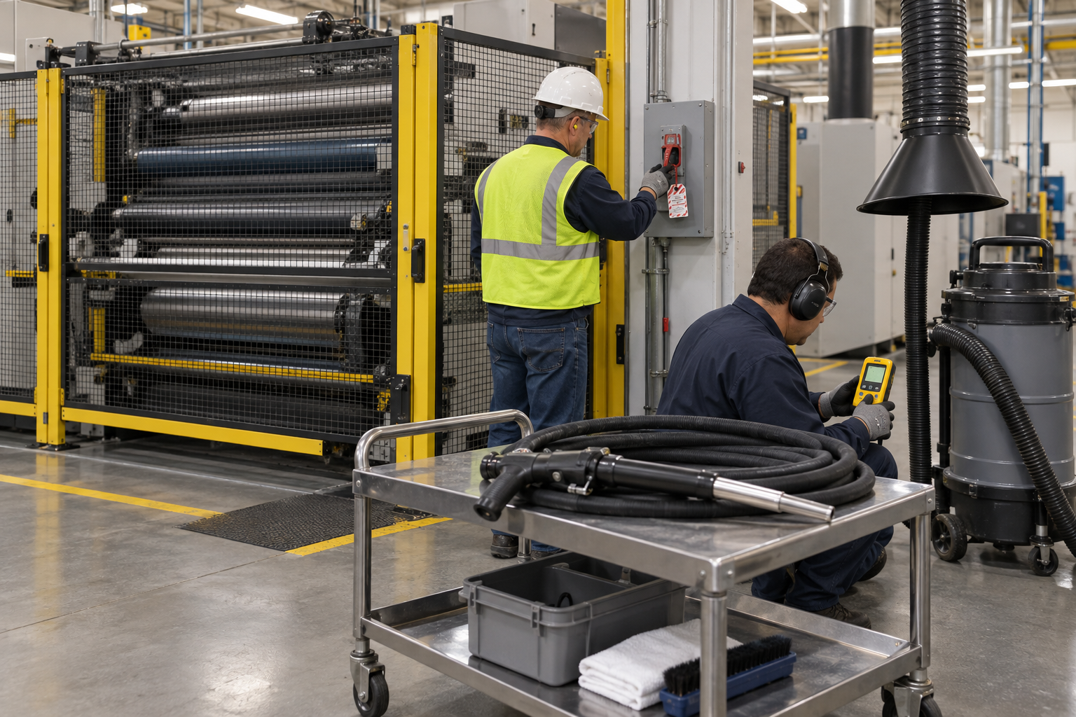 Energy isolation ventilation carbon dioxide monitoring and PPE prepared for printing press cleaning