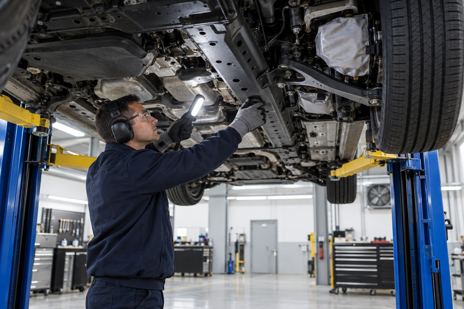 Technician inspecting and protecting excluded car underbody components before dry ice cleaning