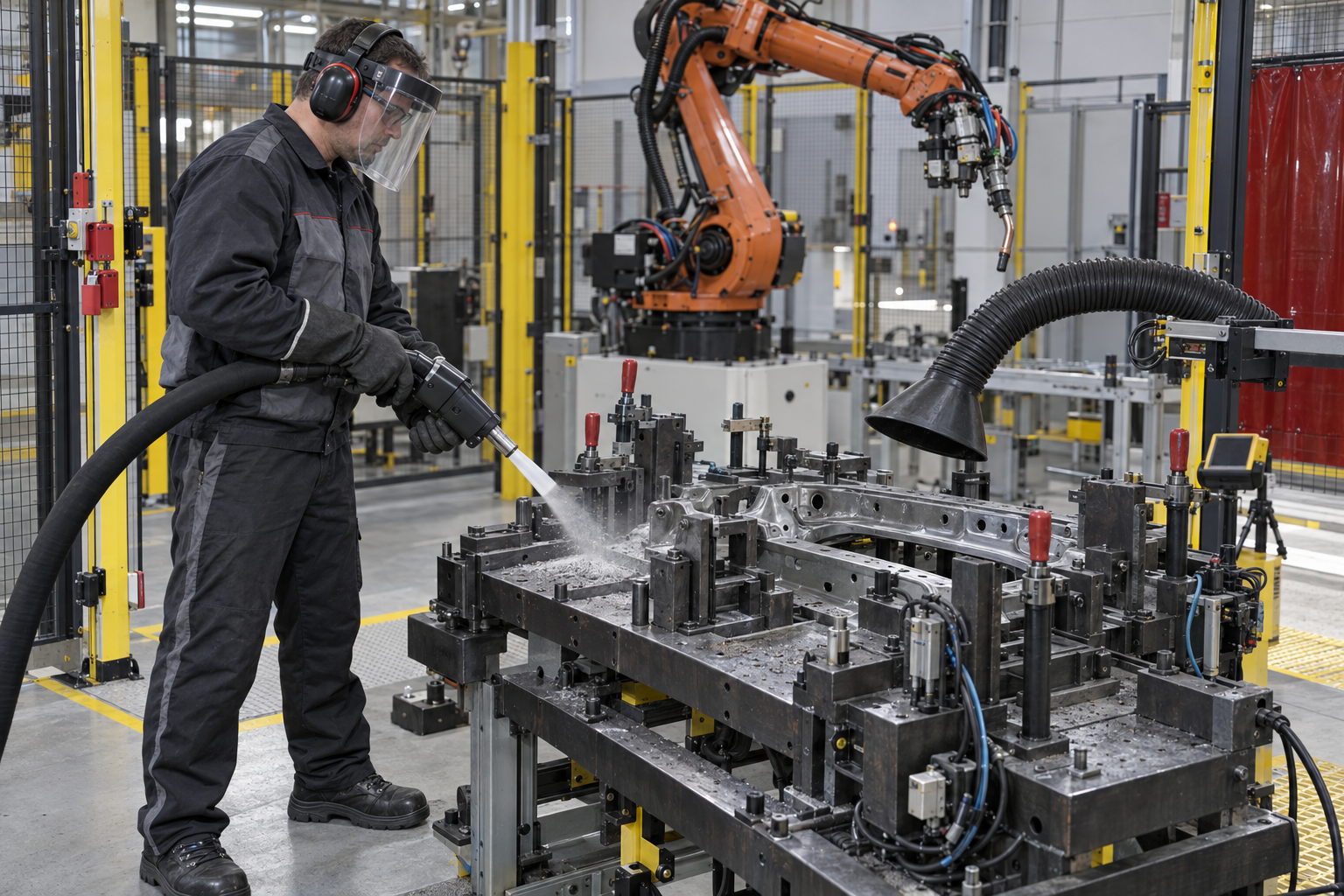 Technician dry ice blasting an isolated steel fixture in a stopped robotic weld cell