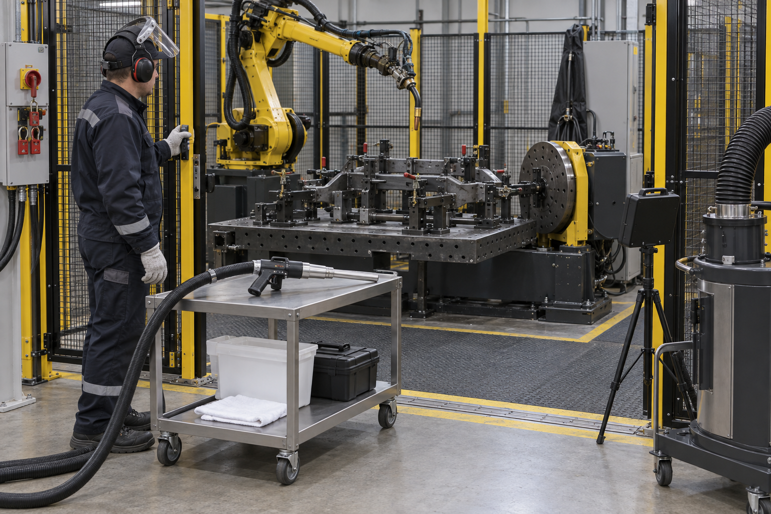 Stopped robotic weld cell with lockout devices, parked blast gun, carbon dioxide monitor, and separate extraction unit