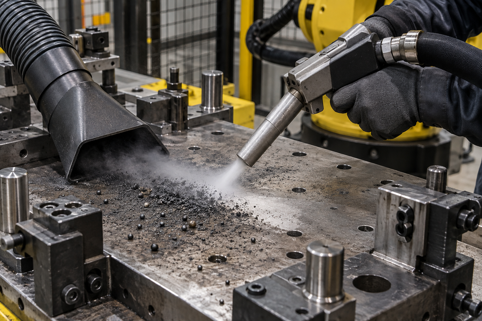 Close-up of dry ice blasting weld spatter and soot from a steel fixture plate with separate debris extraction
