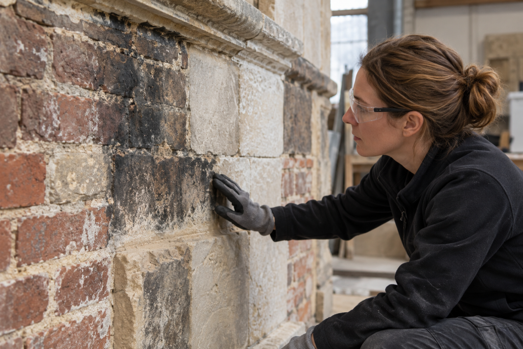 A weathered brick and limestone sample wall with small soot-stained areas in a conservation workshop
