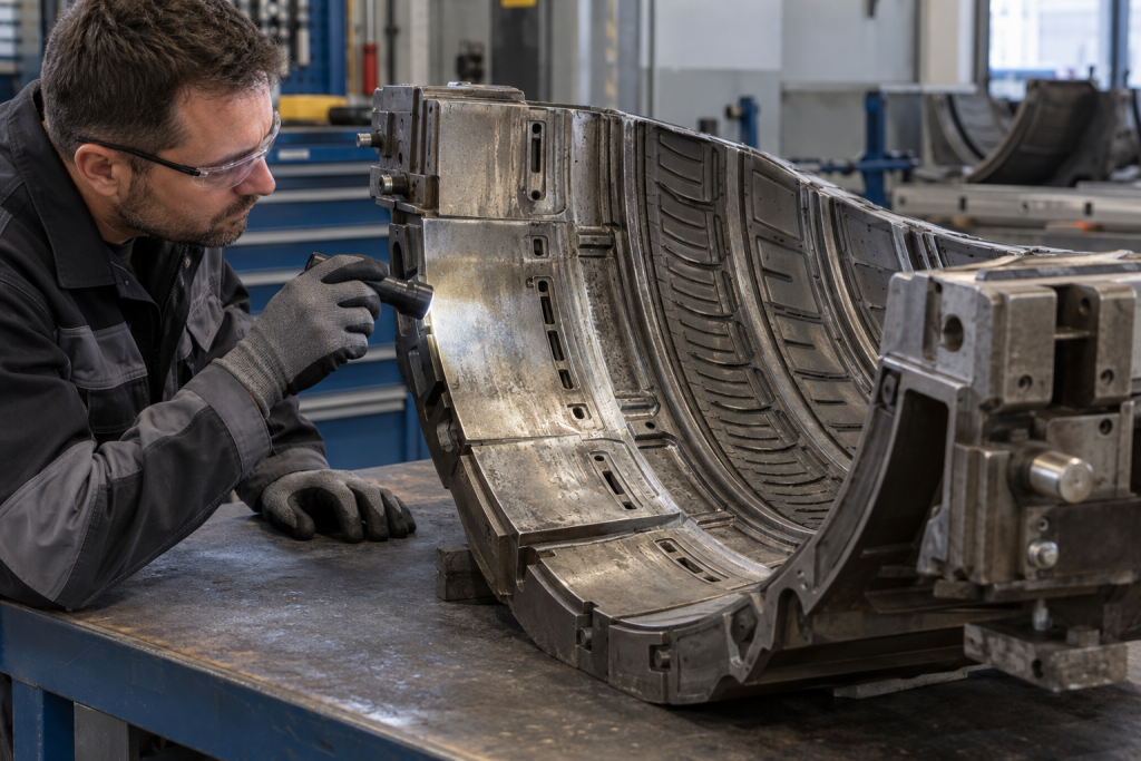 A dismounted steel tire curing mold segment on a stable maintenance bench