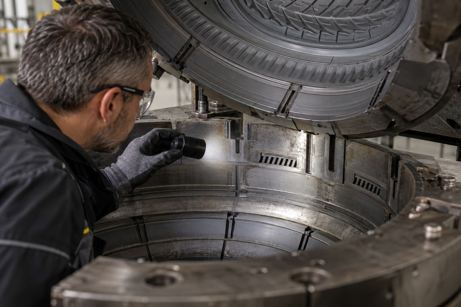 A technician inspecting a cleaned tire mold vent with an inspection lamp