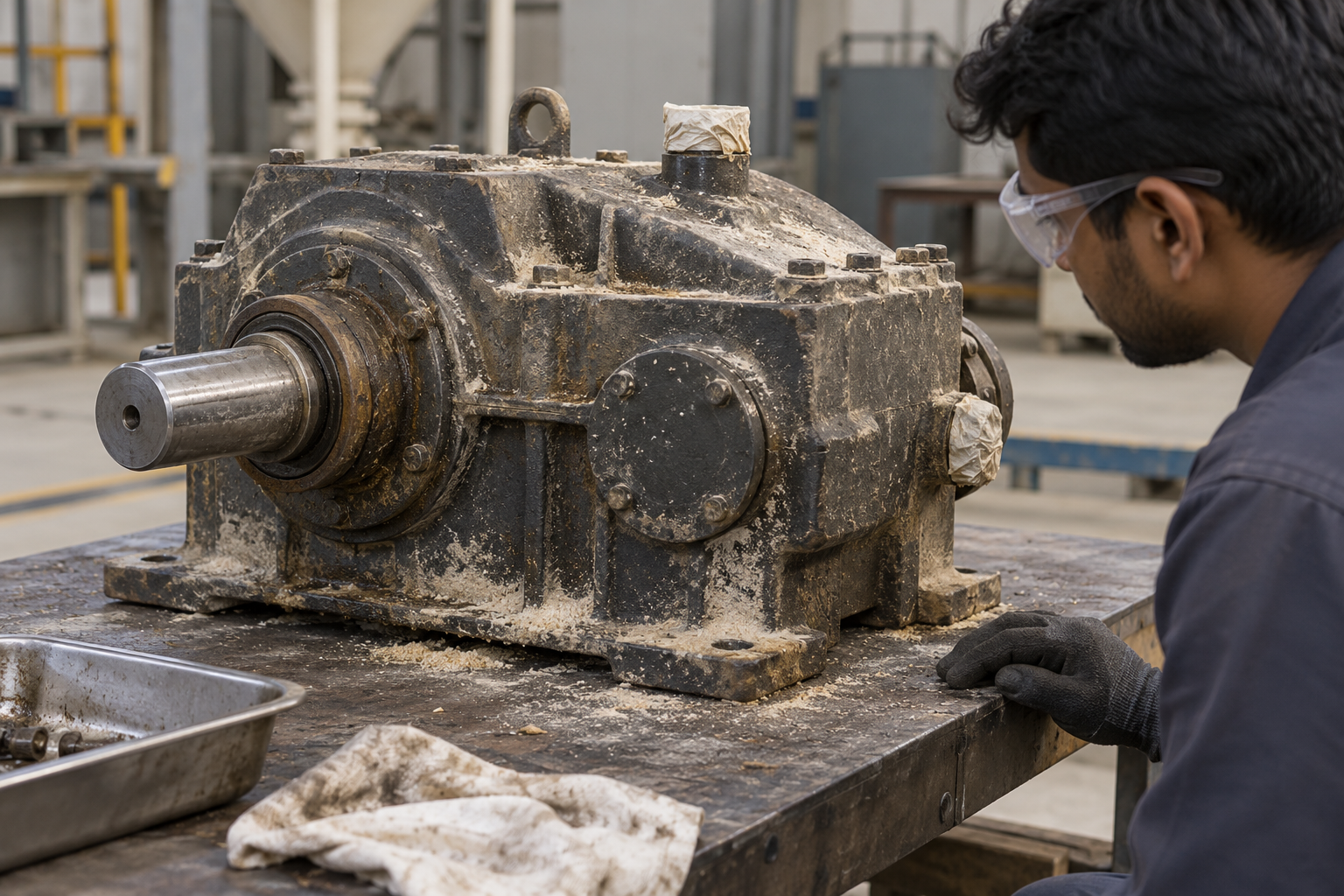 A detached steel drive housing with rice dust and old grease on its exterior