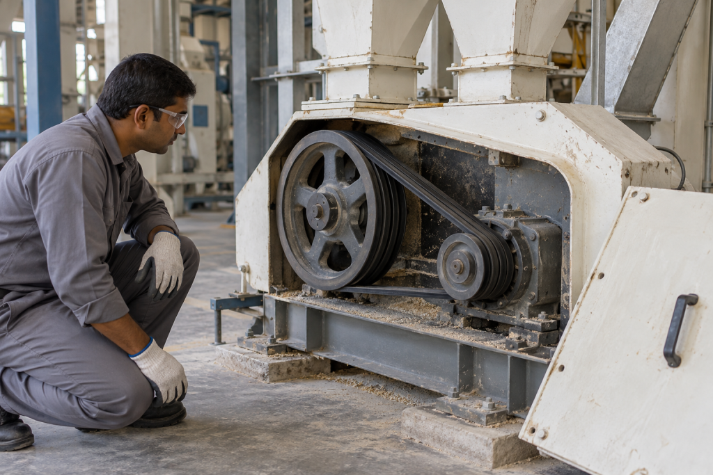 A stopped rice mill drive assembly with closed product chutes and a removable metal guard