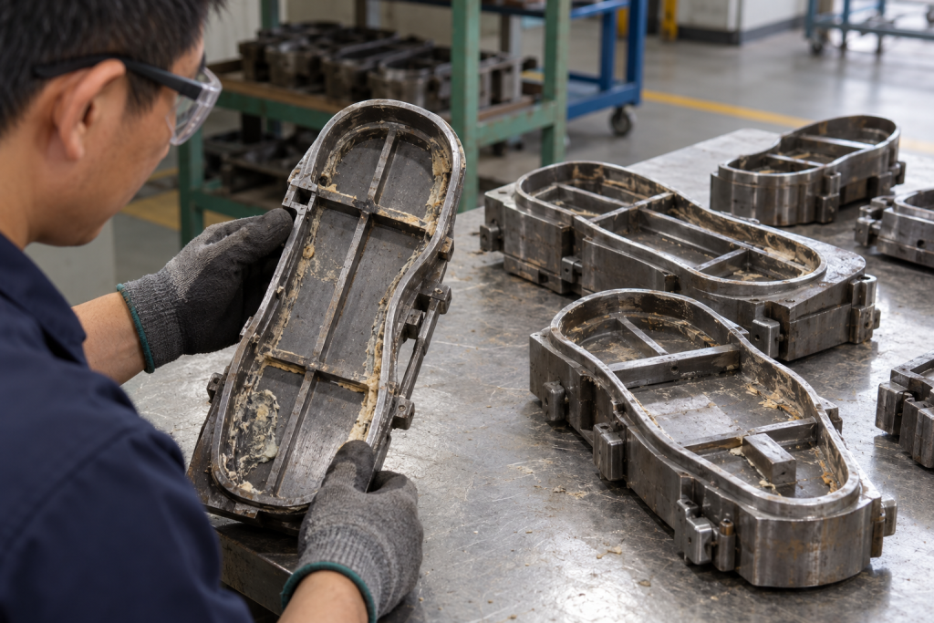 Detached steel footwear cutting dies with shoe sole shapes on a maintenance bench