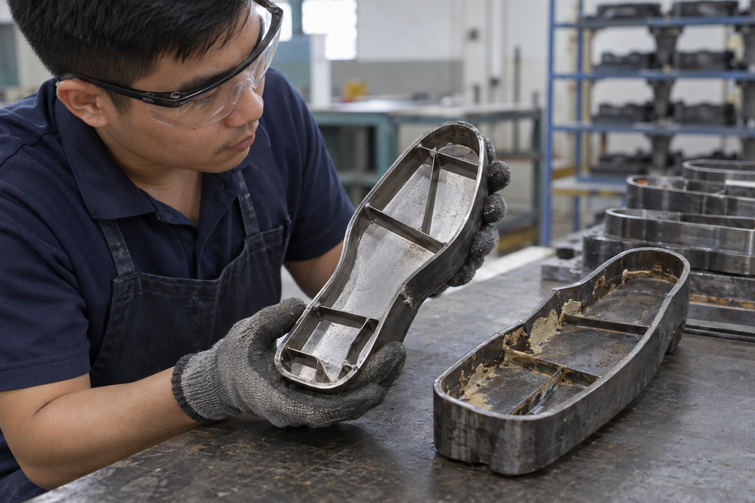 A technician comparing a small cleaned die wall with an untreated adhesive area