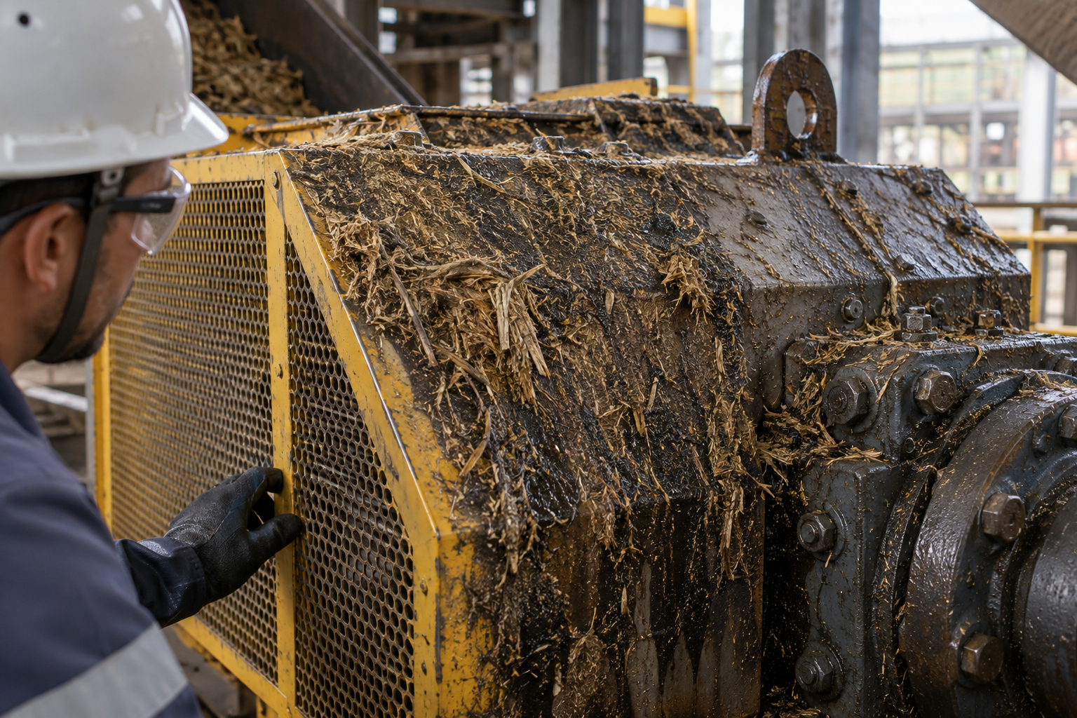 Close view of oil-bound sugarcane fibers on the outside of a steel gearbox guard