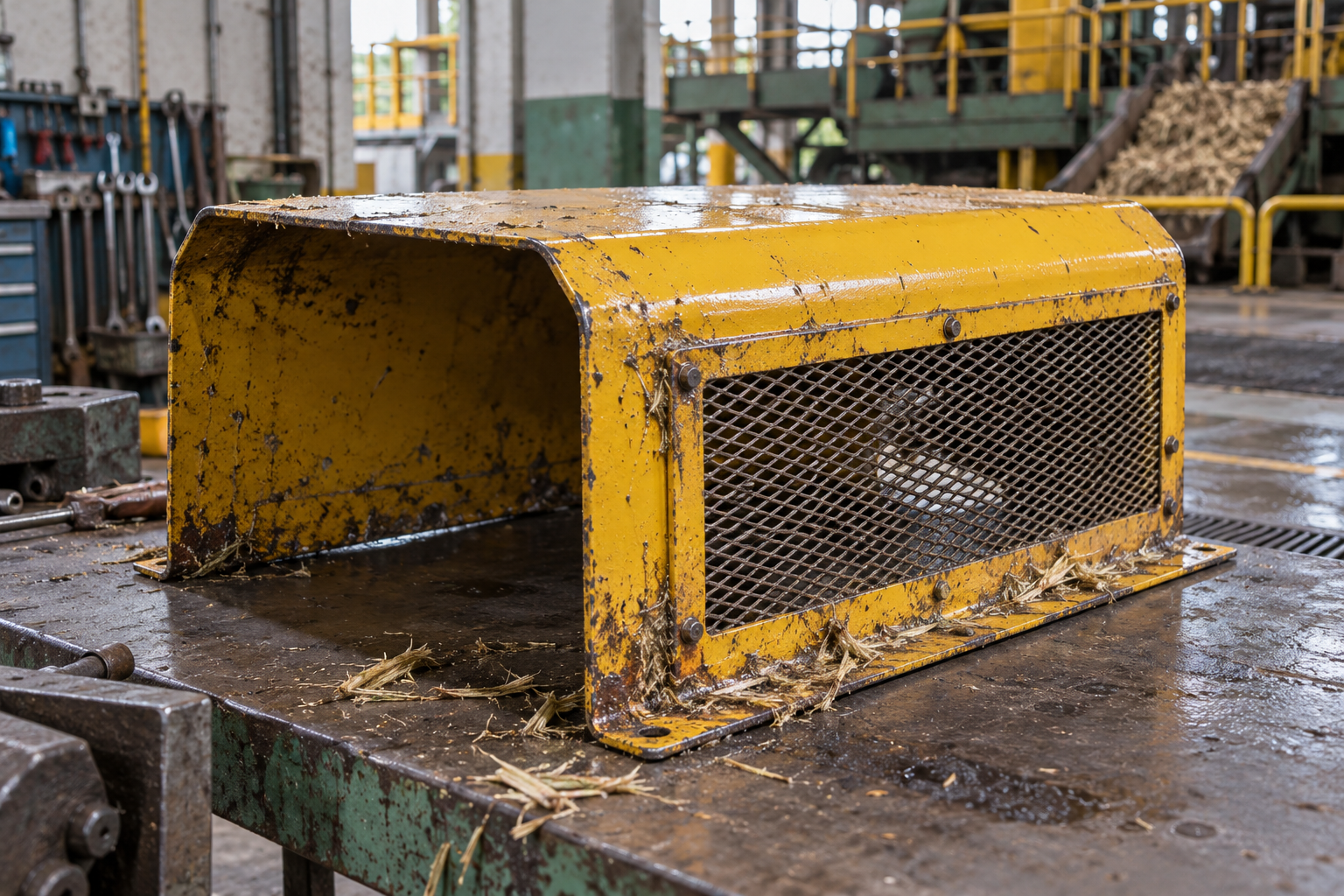 A detached bent sheet-steel shaft coupling protective guard resting securely on a bench, yellow painted rectangular sheet metal cover with one mesh panel, oily sugarcane fibers along its folded seams