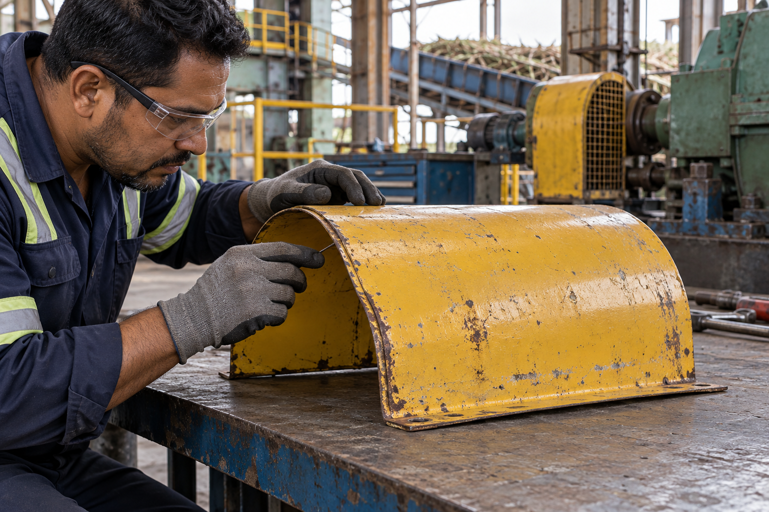 Technician wearing safety glasses and gloves inspecting the painted folded seam of a detached bent sheet-steel coupling guard resting flat on a bench