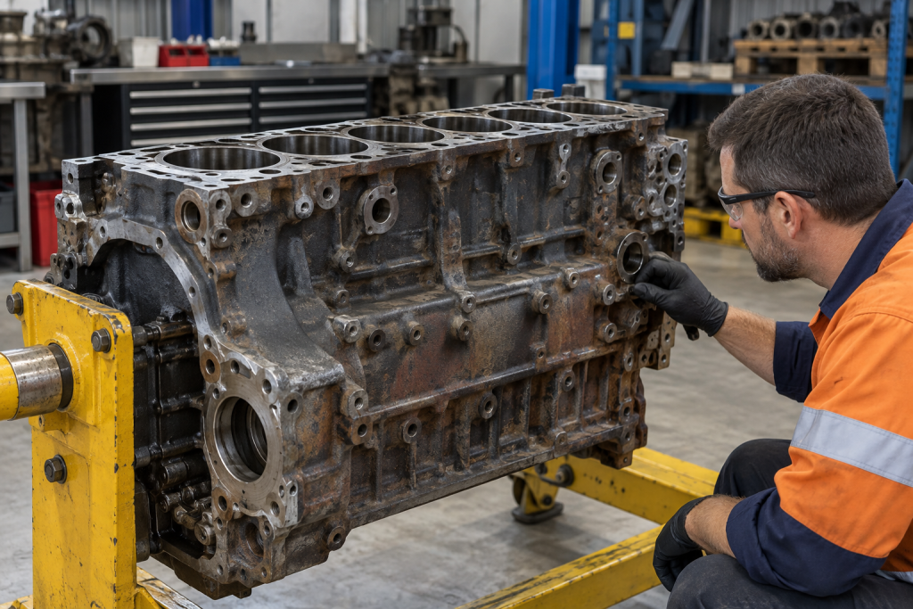A drained stripped diesel engine block secured to a rated engine stand in a rebuild workshop