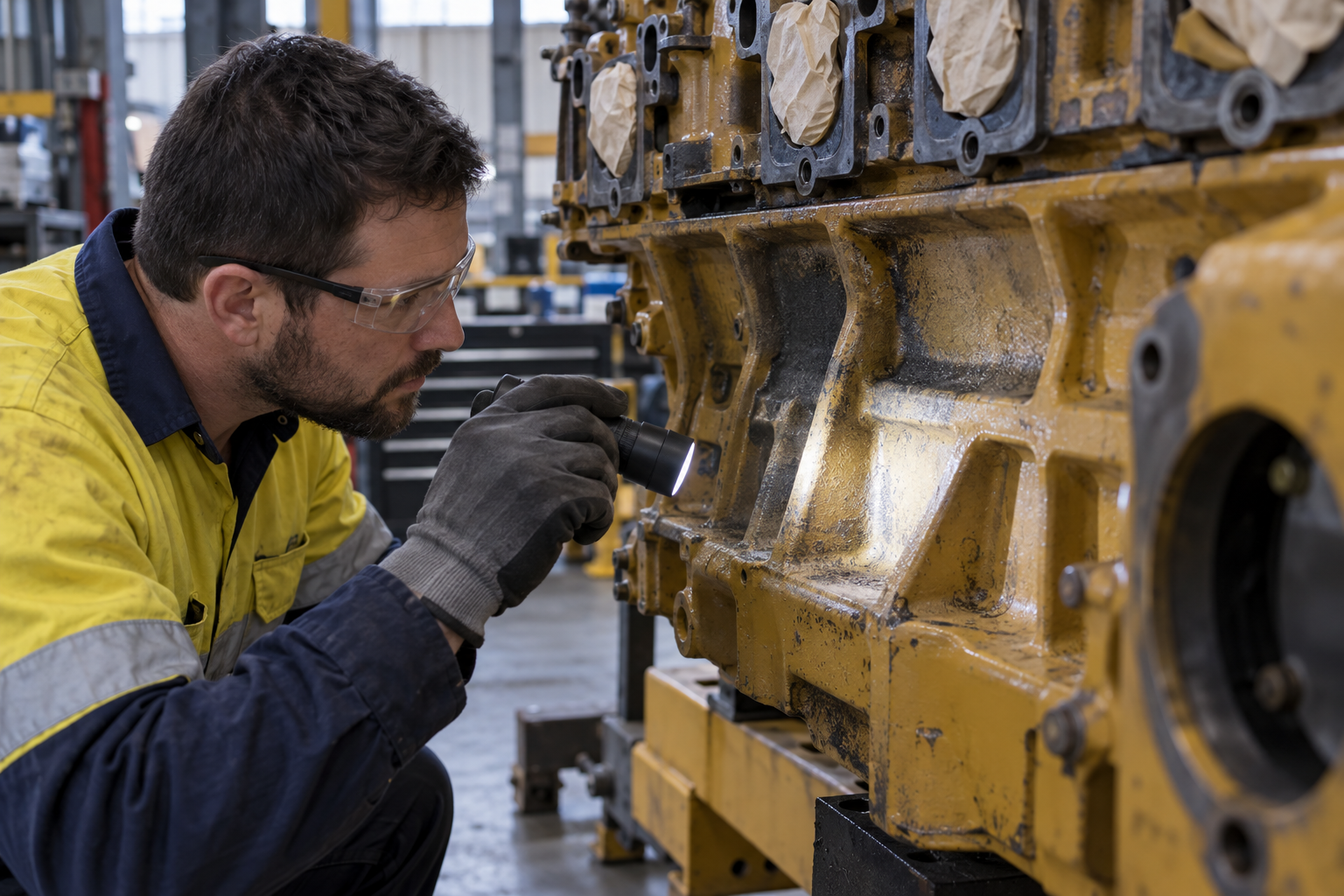 A rebuild technician inspecting an exterior casting rib with a light after a localized cleaning trial