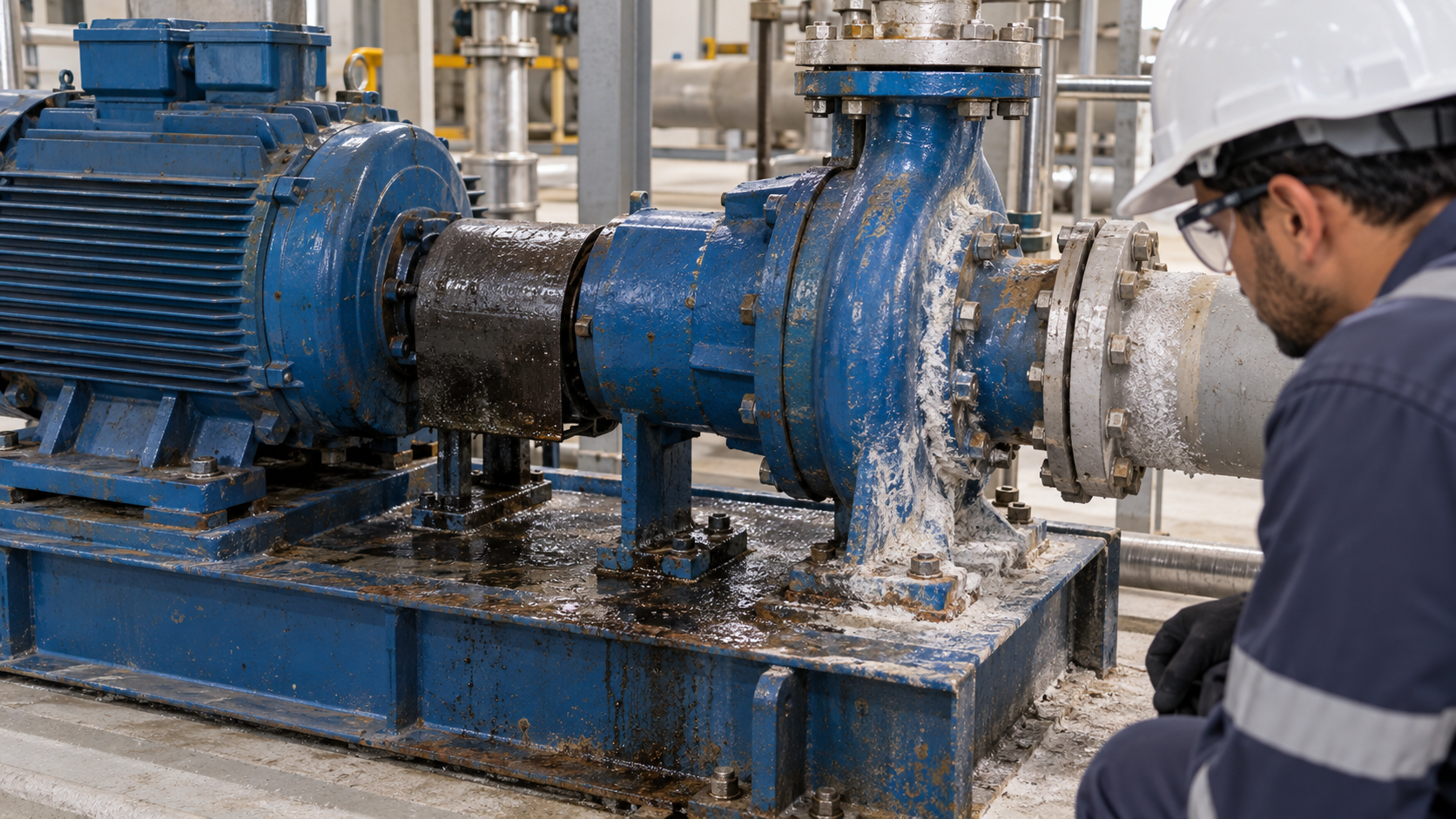 Close view of a painted pump skid with separate oily soil and white salt deposits, no water spray