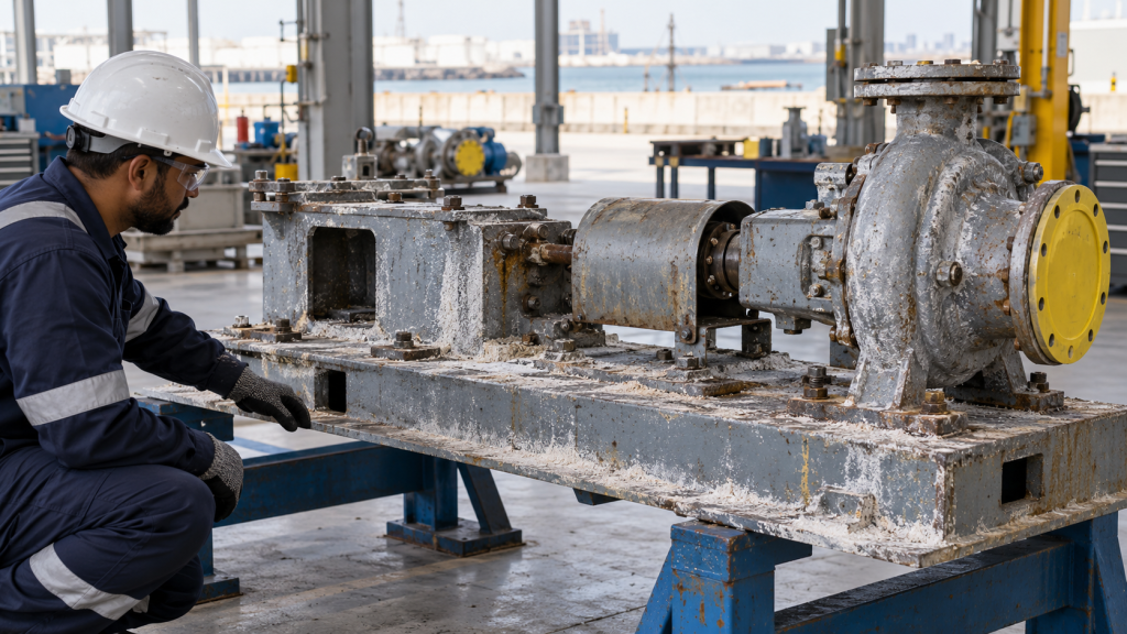 A removed desalination pump baseplate on a maintenance stand in an open-sided workshop