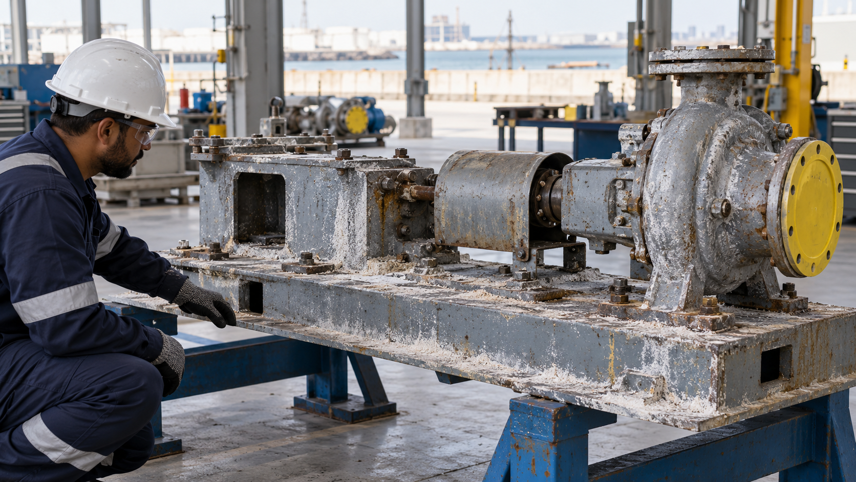 A removed desalination pump baseplate on a maintenance stand in an open-sided workshop