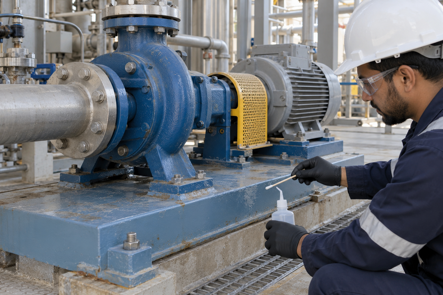 A technician preparing a surface salt test on a painted pump baseplate