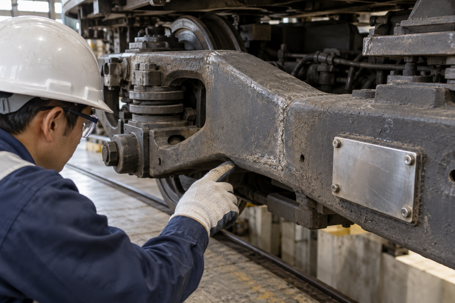 Close view of a steel bogie frame weld toe with dirt nearby and a protected identification plate