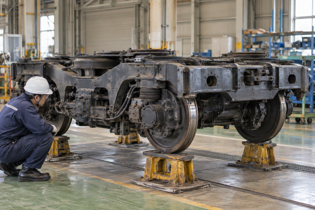 A stripped railway bogie frame supported securely on rated workshop stands with no train above it