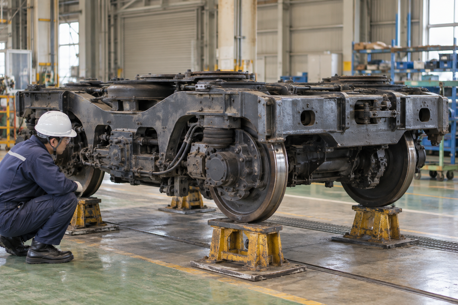 A stripped railway bogie frame supported securely on rated workshop stands with no train above it