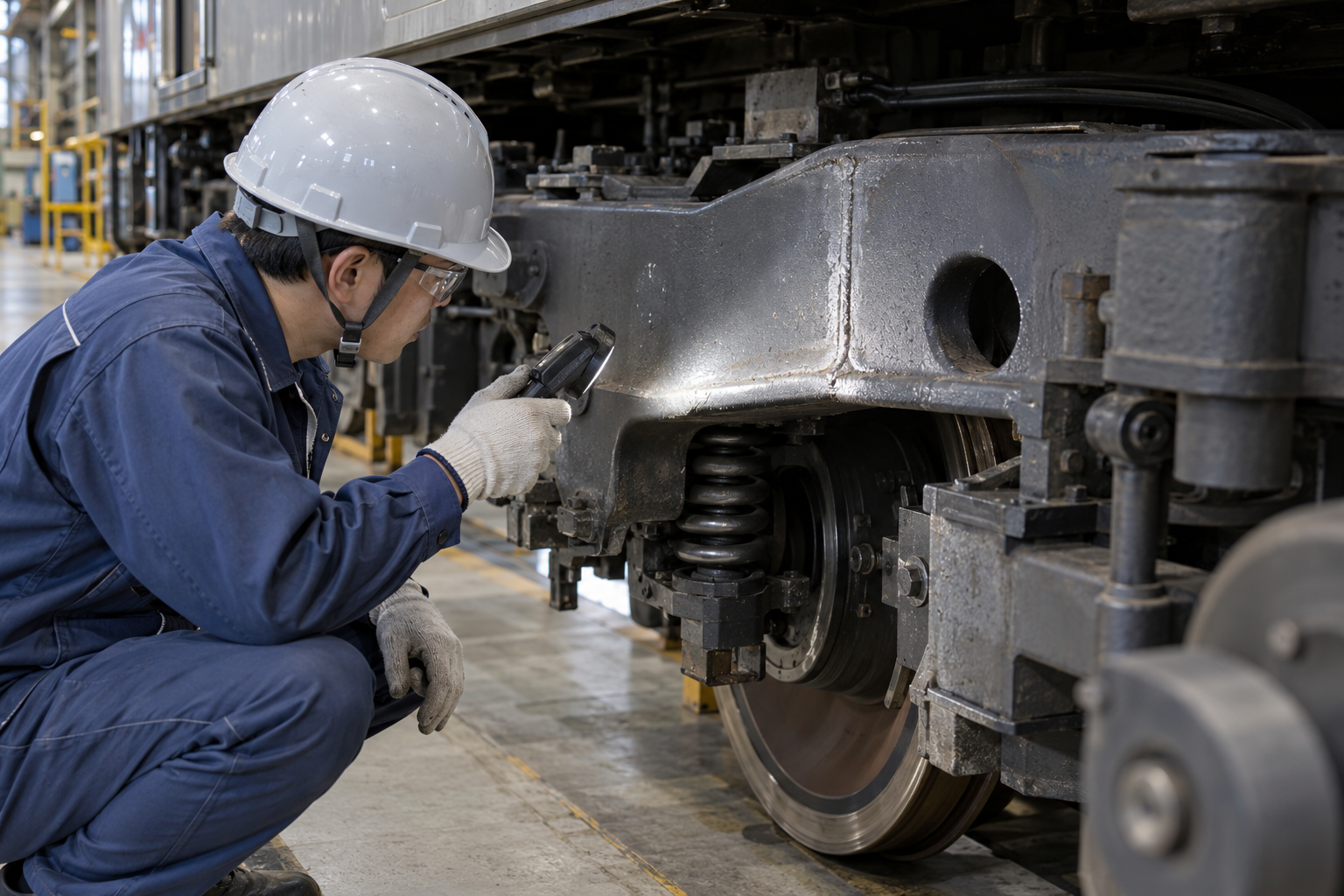 A rail maintenance inspector examining a clean frame weld with a portable inspection lamp
