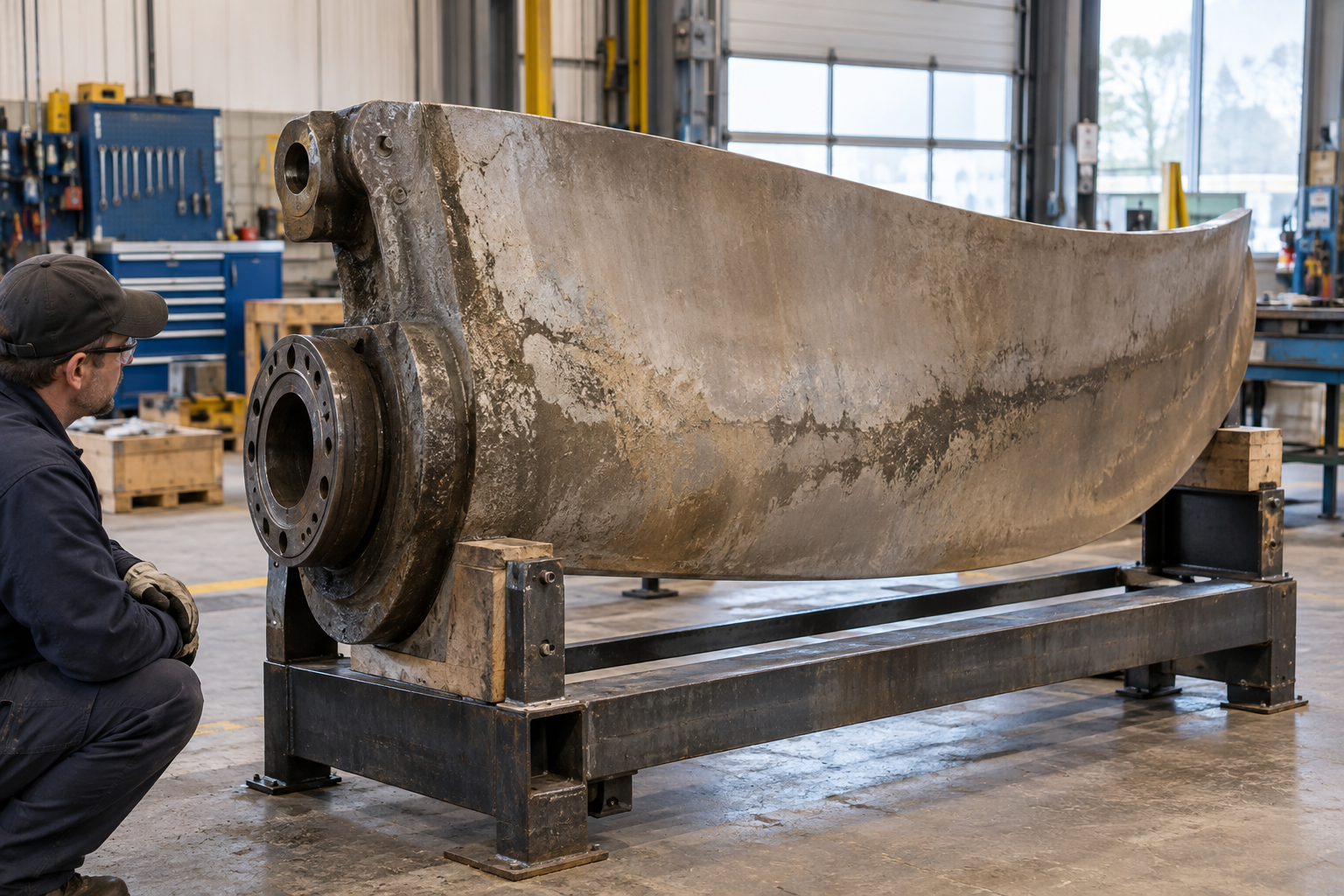 A removed hydropower wicket gate vane secured on a workshop fixture away from water