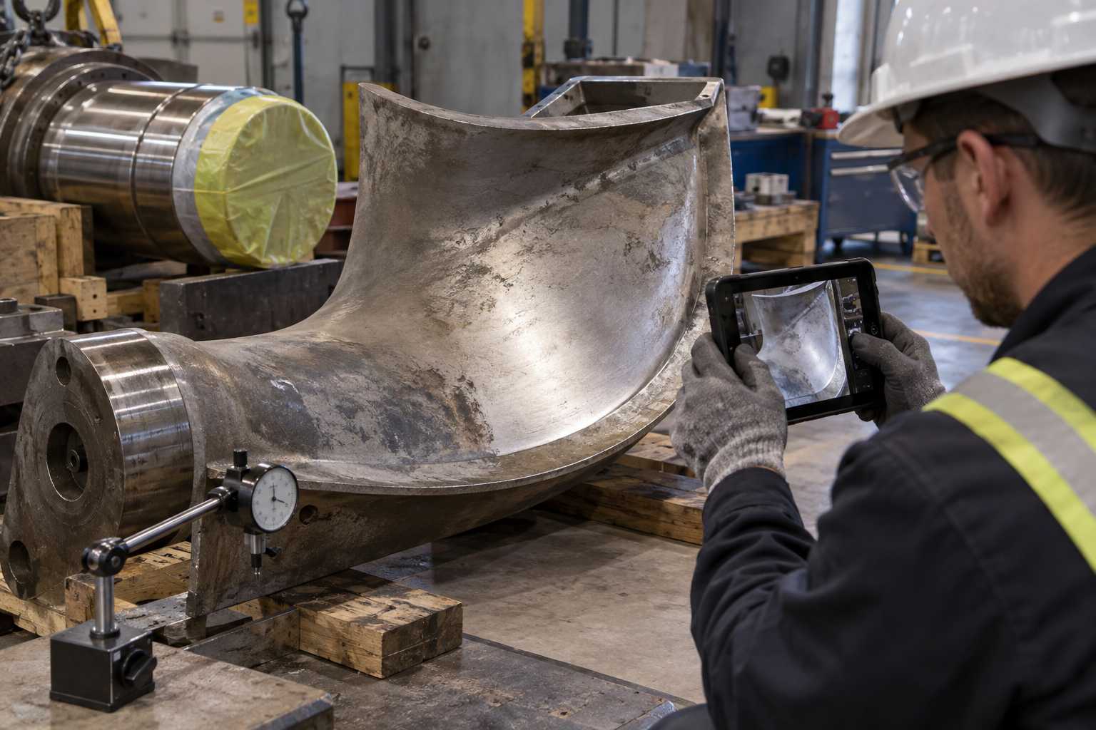 A technician documenting a cleaned gate vane surface next to a protected journal and inspection gauge