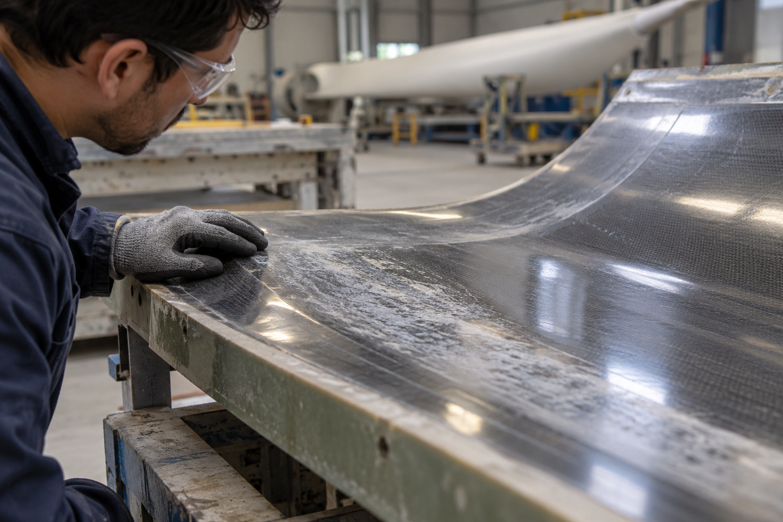 Close view of a curved composite mold coupon with a thin release residue and intact glossy finish