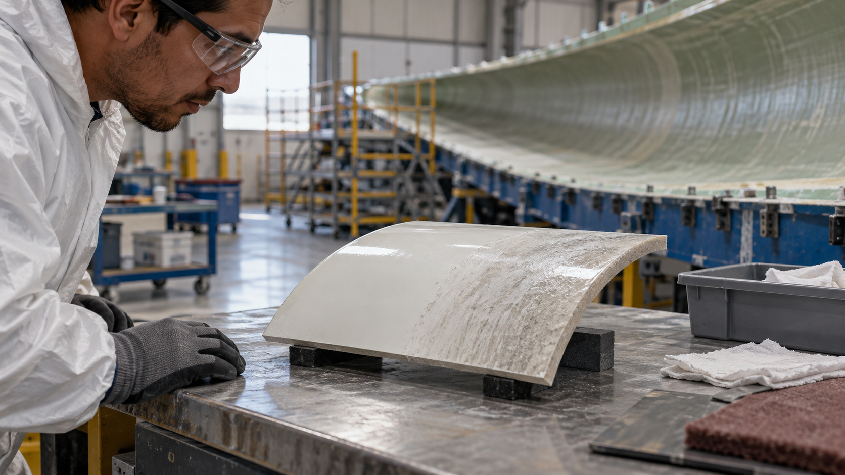 A wind blade mold maintenance workshop with a small curved gelcoated composite test coupon on a bench