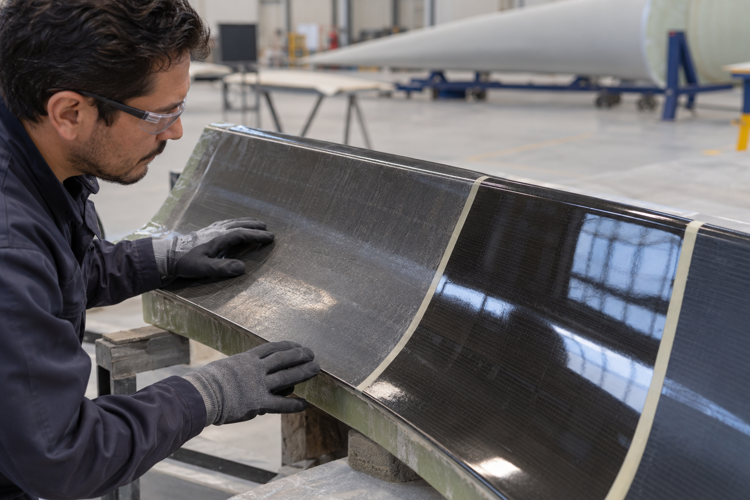 A technician comparing gloss on a composite mold coupon after a localized cleaning test
