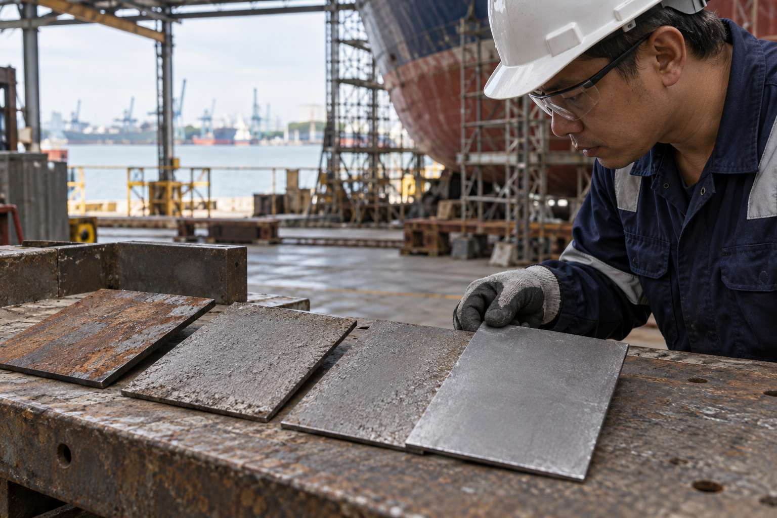 Steel coating inspection coupons on a bench in an open-sided ship repair workshop