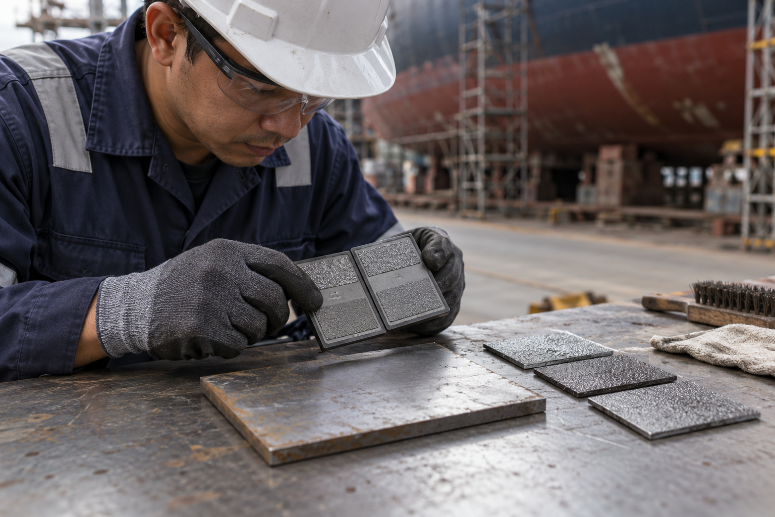 A coating inspector using a surface profile comparator beside a clean steel test coupon