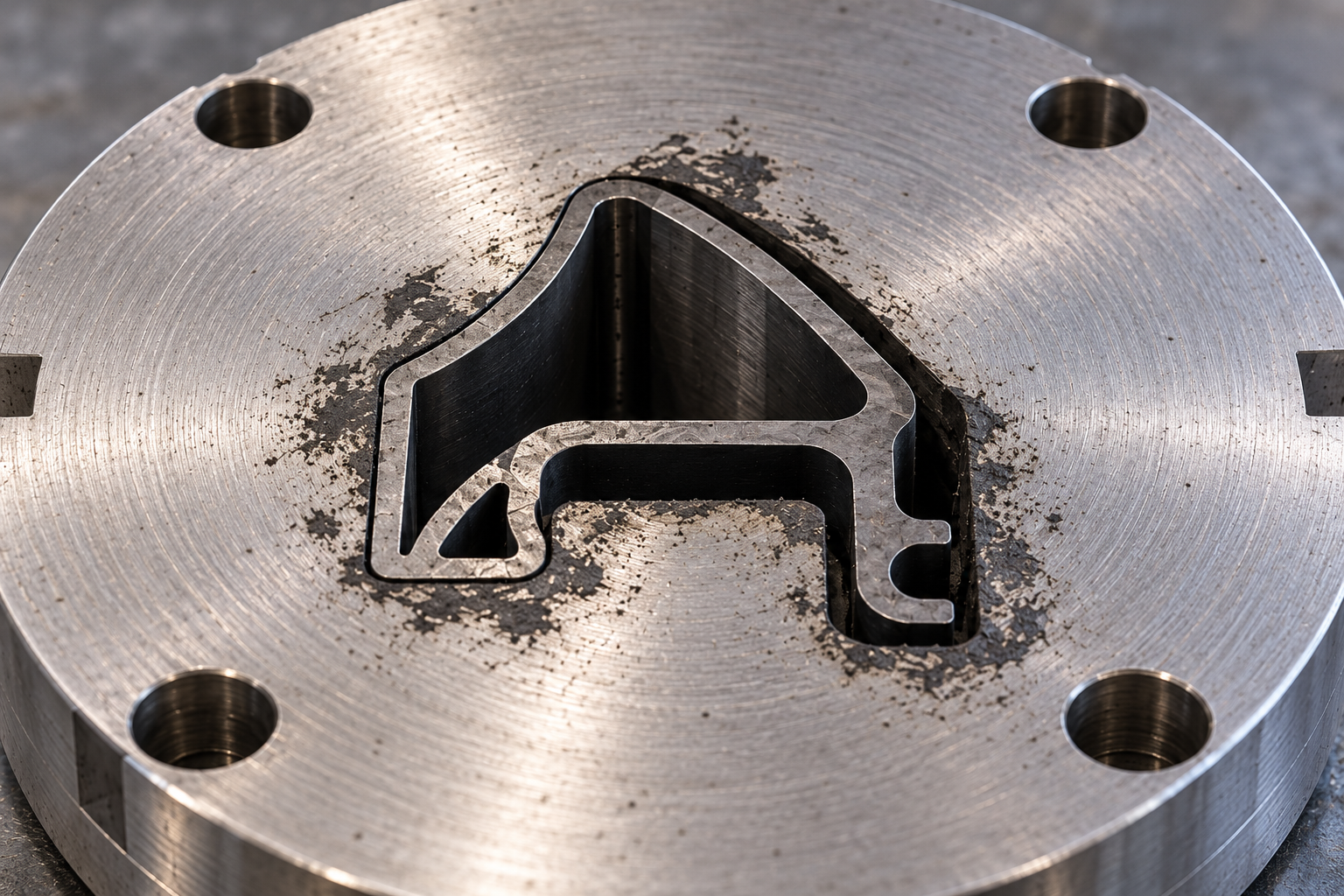 Illustrative close inspection of rubber residue beside a steel extrusion die profile opening