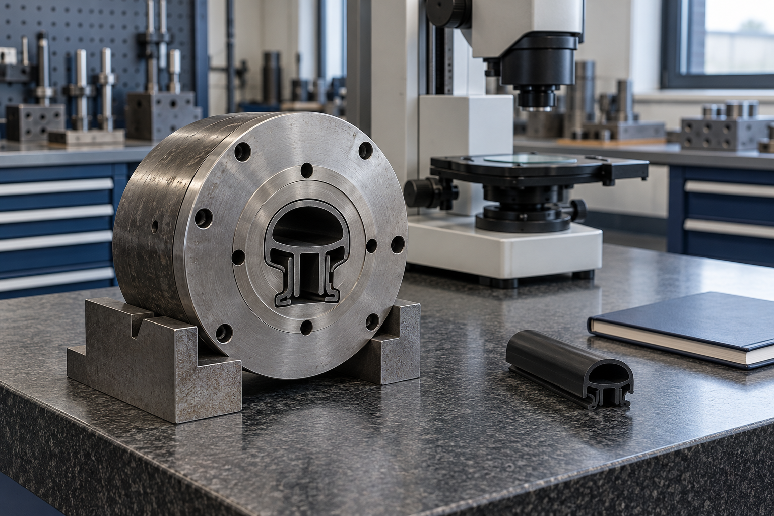 Illustrative inspection bench with a supported steel extrusion die and a separate rubber profile sample