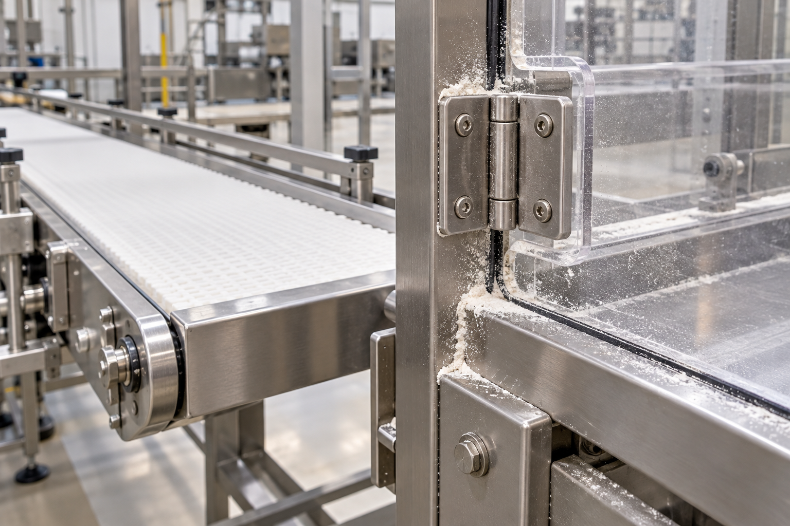 Illustration of a packaging-line guard hinge and non-food-contact frame with light flour residue
