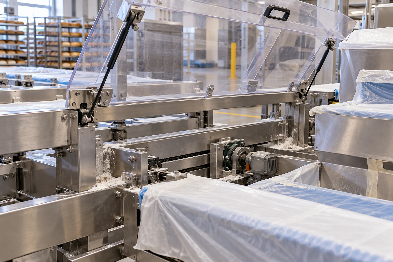 AI illustration of a bakery packaging line with raised clear guard and protected work area
